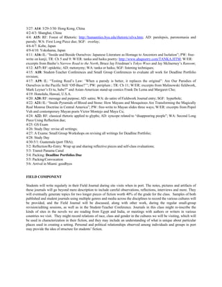 3/27: A14: 3/29-3/30: Hong Kong, China
4/2-4/3: Shanghai, China
4/4: A15: RF: Forest of Rhetoric: http://humanities.byu.edu/rhetoric/silva.htm; AD: paralepsis, paronomasia and
parody; WA: First Long Piece due; SGF: overlay;
4/6-4/7: Kobe, Japan
4/9-4/10: Yokohama, Japan
4/11: A16: IL: “Inside and Beside Ourselves: Japanese Literature as Homage to Ancestors and Isolation”; PW: free-
write on kanji; TR: Ch 5 and 9: W/ER: tanka and haiku poetry: http://www.ahapoetry.com/TANKA.HTM; W/ER:
excerpts from Basho’s Narrow Road to the North, Bruce Jay Friedman’s Tokyo Woes and Jay McInerney’s Ransom;
4/12: A17: RF: epideitic; AD: metonymy; WA: tanka or haiku; SGF: listening techniques;
4/15: A18: Student-Teacher Conferences and Small Group Conferences to evaluate all work for Deadline Portfolio
revision;
4/17: A19: IL: “Testing Reed’s Law: ‘When a parody is better, it replaces the original”: Are Our Parodies of
Ourselves in the Pacific Still ‘Off-Base?’”; PW: periplum ; TR: Ch 11; W/ER: excerpts from Malinowski fieldwork,
Mark Leyner’s Et tu, babe?” and Asian-American stand-up comics Frank De Lema and Margaret Cho;
4/19: Honolulu, Hawaii, U.S.A.
4/20: A20: RF: message and purpose; AD: satire; WA: do satire of Fieldwork Journal entry; SGF: hyperbole;
4/22: A21: IL: “Inside Pyramids of Blood and Stone: How Mayans and Mosquitoes Are Transforming the Magically
Real Monroe Doctrine in Central America”; PW: free-write to Mayan slides three ways; W/ER: excerpts from Popol
Vuh and contemporary Mayan poets Victor Montejo and Maya Cu;
4/24: A22: RF: classical rhetoric applied to glyphs; AD: syncope related to “disappearing people”; WA: Second Long
Piece Using Reflection due;
4/25: GS Exam
4/26: Study Day: revise all writings;
4/27: A Exams: Small Group Workshops on revising all writings for Deadline Portfolio;
4/28: Study Day
4/30-5/1: Guatemala (port TBA);
5/2: Reflection/Re-Entry: Wrap up and sharing reflective pieces and self-class evaluations;
5/3: Transit Panama Canal
5/4: Packing: Deadline Portfolios Due
5/5: Packing/Convocation
5/6: Arrival in Miami: goodbyes


FIELD COMPONENT

Students will write regularly in their Field Journal during site visits when in port. The notes, pictures and artifacts of
these journals will go beyond mere description to include careful observations, reflections, interviews and more. They
will eventually generate topics for two longer pieces of fiction worth 40% of the grade for the class. Samples of both
published and student journals using multiple genres and media across the disciplines to record the various cultures will
be provided, and the Field Journal will be discussed, along with other work, during the regular small-group
revision/editing sessions, as well as in the Student-Teacher Conference. Journals in this class might re-inscribe the
kinds of sites in the novels we are reading from Egypt and India, or meetings with authors or writers in various
countries we visit. They might record relations of race, class and gender in the cultures we will be visiting, which will
be used in characterization in their fiction, and they may include an understanding of what is unique about particular
places used in creating a setting. Personal and political relationships observed among individuals and groups in port
may provide the idea of structure for students’ fiction.
 