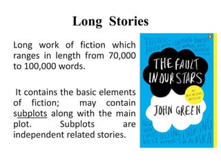 Long work of fiction which
ranges in length from 70,000
to 100,000 words.
It contains the basic elements
of fiction; may contain
subplots along with the main
plot. Subplots are
independent related stories.
Long Stories
 