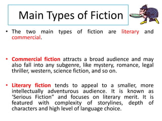 • The two main types of fiction are literary and
commercial.
• Commercial fiction attracts a broad audience and may
also fall into any subgenre, like mystery, romance, legal
thriller, western, science fiction, and so on.
• Literary fiction tends to appeal to a smaller, more
intellectually adventurous audience. It is known as
‘Serious Fiction” and focuses on literary merit. It is
featured with complexity of storylines, depth of
characters and high level of language choice.
Main Types of Fiction
 