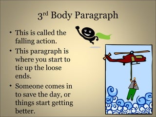 3 rd Body Paragraph This is called the falling action. This paragraph is where you start to tie up the loose ends. Someone comes in to save the day, or things start getting better.