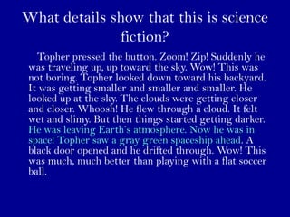 What details show that this is science
              fiction?
  Topher pressed the button. Zoom! Zip! Suddenly he
was trav...