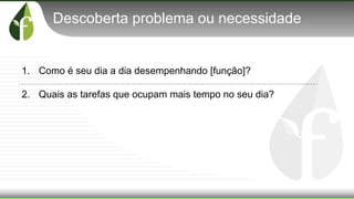 Descoberta problema ou necessidade
1. Como é seu dia a dia desempenhando [função]?
2. Quais as tarefas que ocupam mais tempo no seu dia?
 