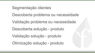 Segmentação clientes
Descoberta problema ou necessidade
Validação problema ou necessidade
Descoberta solução - produto
Validação solução - produto
Otimização solução - produto
 