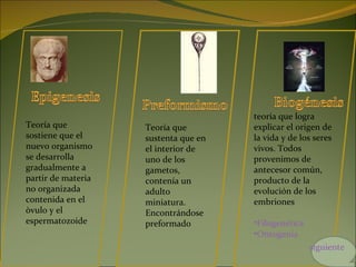 Teoría que sostiene que el nuevo organismo se desarrolla gradualmente a partir de materia no organizada contenida en el òvulo y el espermatozoide Teoría que sustenta que en el interior de uno de los gametos, contenía un adulto miniatura. Encontrándose preformado teoría que logra explicar el origen de la vida y de los seres vivos. Todos provenimos de antecesor común, producto de la evolución de los embriones  Filogenética Ontogenia siguiente 