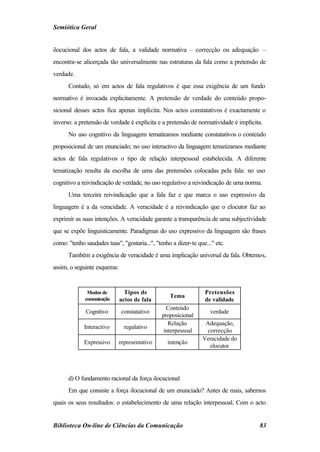 Semiótica Geral


ilocucional dos actos de fala, a validade normativa – correcção ou adequação –
encontra-se alicerçada tão universalmente nas estruturas da fala como a pretensão de
verdade.
      Contudo, só em actos de fala regulativos é que essa exigência de um fundo
normativo é invocada explicitamente. A pretensão de verdade do conteúdo propo-
sicional desses actos fica apenas implícita. Nos actos constatativos é exactamente o
inverso: a pretensão de verdade é explícita e a pretensão de normatividade é implícita.
      No uso cognitivo da linguagem tematizamos mediante constatativos o conteúdo
proposicional de um enunciado; no uso interactivo da linguagem tematizamos mediante
actos de fala regulativos o tipo de relação interpessoal estabelecida. A diferente
tematização resulta da escolha de uma das pretensões colocadas pela fala: no uso
cognitivo a reivindicação de verdade, no uso regulativo a reivindicação de uma norma.
      Uma terceira reivindicação que a fala faz e que marca o uso expressivo da
linguagem é a da veracidade. A veracidade é a reivindicação que o elocutor faz ao
exprimir as suas intenções. A veracidade garante a transparência de uma subjectividade
que se expõe linguisticamente. Paradigmas do uso expressivo da linguagem são frases
como: "tenho saudades tuas", "gostaria...", "tenho a dizer-te que..." etc.
      Também a exigência de veracidade é uma implicação universal da fala. Obtemos,
assim, o seguinte esquema:


              Modos de         Tipos de                          Pretensões
             comunicação
                                                  Tema
                             actos de fala                       de validade
                                                Conteúdo
              Cognitivo       constatativo                         verdade
                                              proposicional
                                                 Relação         Adequação,
             Interactivo       regulativo
                                               interpessoal      correcção
                                                                Veracidade do
             Expressivo      representativo      intenção
                                                                  elocutor




      d) O fundamento racional da força ilocucional
      Em que consiste a força ilocucional de um enunciado? Antes de mais, sabemos
quais os seus resultados: o estabelecimento de uma relação interpessoal. Com o acto


Biblioteca On-line de Ciências da Comunicação                                        83
 