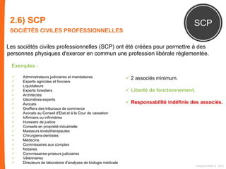 2.6) SCP
SOCIÉTÉS CIVILES PROFESSIONNELLES
SCP
Les sociétés civiles professionnelles (SCP) ont été créées pour permettre à des
personnes physiques d'exercer en commun une profession libérale réglementée.
Exemples :
 Administrateurs judiciaires et mandataires
 Experts agricoles et fonciers
 Liquidateurs
 Experts forestiers
 Architectes
 Géomètres-experts
 Avocats
 Greffiers des tribunaux de commerce
 Avocats au Conseil d'Etat et à la Cour de cassation
 Infirmiers ou infirmières
 Huissiers de justice
 Conseils en propriété industrielle
 Masseurs kinésithérapeutes
 Chirurgiens-dentistes
 Médecins
 Commissaires aux comptes
 Notaires
 Commissaires-priseurs judiciaires
 Vétérinaires
 Directeurs de laboratoire d'analyses de biologie médicale
FIDAQUITAINE ® 2015
 2 associés minimum.
 Liberté de fonctionnement.
 Responsabilité indéfinie des associés.
 