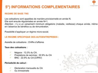 5°) INFORMATIONS COMPLEMENTAIRES
REGIME DE BASE TNS
Les cotisations sont appelées de manière provisionnelle en année N.
Elle sont ensuite régularisées en année N+1.
Attention ; il y a un versement minimum obligatoire (maladie, vieillesse) chaque année, même
en l’absence de bénéfice ou de rémunération.
Possibilité d’appliquer un régime micro-social.
LE REGIME SPECIFIQUE DES AUTOENTREPRISES :
Assiette de cotisations : Chiffre d’affaires
Taux des cotisations :
 Négoce : 13.3% du CA.
 Prestations de services : 22.9% du CA
 BNC : 22.9% du CA (CIPAV)
Périodicité de calcul :
 Déclaration mensuelle du CA
 Ou trimestrielle FIDAQUITAINE ® 2015
 