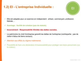 1.2) EI - L’entreprise Individuelle : EI
 Elle est adaptée pour un exercice en indépendant : artisan, commerçant, profession
libérale…
 Avantage : facilité de création (pas de statuts).
 Inconvénient : Responsabilité illimitée des dettes sociales.
 Le patrimoine du chef d’entreprise garantit les dettes de l’entreprise (contrepartie : pas de
notion d’abus de biens sociaux).
 Attention aux effets du régime matrimonial.
 Possibilité de faire une déclaration d’insaisissabilité pour protéger ses biens personnels (via
le notaire).
FIDAQUITAINE ® 2015
 