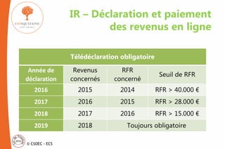 © CSOEC - ECS
IR – Déclaration et paiement
des revenus en ligne
Télédéclaration obligatoire
Année de
déclaration
Revenus
concernés
RFR
concerné
Seuil de RFR
2016 2015 2014 RFR > 40.000 €
2017 2016 2015 RFR > 28.000 €
2018 2017 2016 RFR > 15.000 €
2019 2018 Toujours obligatoire
 