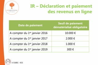 © CSOEC - ECS
IR – Déclaration et paiement
des revenus en ligne
Date de paiement
Seuil de paiement
dématérialisé obligatoire
A compter du 1er janvier 2016 10.000 €
A compter du 1er janvier 2017 2.000 €
A compter du 1er janvier 2018 1.000 €
A compter du 1er janvier 2019 300 €
 