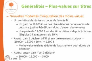 © CSOEC - ECS
– Nouvelles modalités d’imputation des moins-values
• Un contribuable réalise au cours de l’année N :
– Un gain de 10.000 € sur des titres détenus depuis moins de
deux ans (qui ne bénéficient donc d’aucun abattement)
– Une perte de 15.000 € sur des titres détenus depuis trois ans
(éligibles à l’abattement de 50 %)
• Avant : gain à déclarer à l’IR et aux prélèvements sociaux =
(10.000 - 15.000 x 50 %) = 2.500 €
– Moins-value réalisée réduite de l’abattement pour durée de
détention
• Après : aucun gain n’est à déclarer
– 10.000 - 15.000 = - 5.000
Généralités – Plus-values sur titres
 