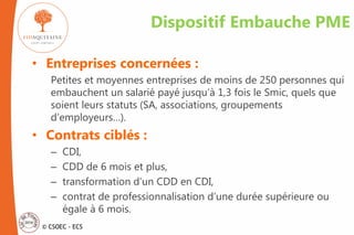 © CSOEC - ECS
Dispositif Embauche PME
• Entreprises concernées :
Petites et moyennes entreprises de moins de 250 personnes qui
embauchent un salarié payé jusqu’à 1,3 fois le Smic, quels que
soient leurs statuts (SA, associations, groupements
d’employeurs…).
• Contrats ciblés :
– CDI,
– CDD de 6 mois et plus,
– transformation d’un CDD en CDI,
– contrat de professionnalisation d’une durée supérieure ou
égale à 6 mois.
 