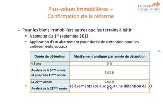 Plus-values immobilières –
Confirmation de la réforme
– Pour les biens immobiliers autres que les terrains à bâtir
• A compter du 1er septembre 2013
• Application d’un abattement pour durée de détention pour les
prélèvements sociaux
26

Durée de détention
< 5 ans

Abattement pratiqué par année de détention
0%

Au-delà de la 5ème année
et jusqu’à la 21ème année

1,65 %

La 22ème année

1,60 %

• Exonération22ème année prélèvements sociaux pour une détention de 30
totale de
Au-delà de la
9%
ans

 