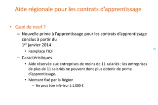 Aide régionale pour les contrats d’apprentissage
• Quoi de neuf ?
– Nouvelle prime à l’apprentissage pour les contrats d’apprentissage
conclus à partir du
1er janvier 2014
• Remplace l’ICF

– Caractéristiques
• Aide réservée aux entreprises de moins de 11 salariés : les entreprises
de plus de 11 salariés ne peuvent donc plus obtenir de prime
d’apprentissage.
• Montant fixé par la Région
– Ne peut être inférieur à 1.000 €

75

 