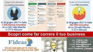Scopri come far correre il tuo business
Al 30 giugno 2017 in Italia
7.356 Startup innovative
di cui 341 nelle Marche
e 177 in Abruzzo
Al 30 giugno 2017 in Italia
562 PMI innovative
di cui 19 nelle Marche
e 12 in Abruzzo
 