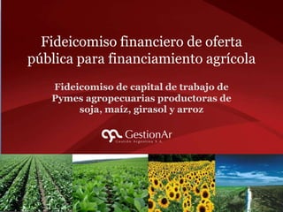 Fideicomiso financiero de oferta
pública para financiamiento agrícola
   Fideicomiso de capital de trabajo de
   Pymes agropecuarias productoras de
        soja, maíz, girasol y arroz
 