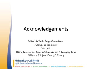 Acknowledgements
California Table Grape Commission
Grower Cooperators
Don Luvisi
Allison Ferry-Abee, Franka Gabler, Ashraf El Kereamy, Larry
Williams, Shinjian “George” Zhuang
 