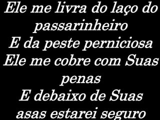 Ele me livra do laço do
passarinheiro
E da peste perniciosa
Ele me cobre com Suas
penas
E debaixo de Suas
asas estarei seguro
 