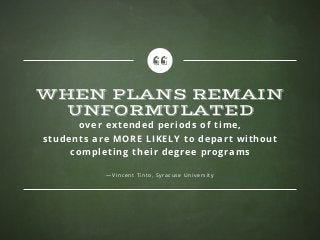 WHEN PLANS REMAIN
UNFORMULATED
over extended periods of time,
students are MORE LIKELY to depart without
completing their degree programs
—Vincent Tinto, Syracuse University
 