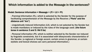 Which information is added to the Message in the sentences?
Model: Sentence information = Message + (FI + LII + PI)
- Framing Information (FL), which is selected by the Sender for the purpose of
facilitating comprehension of the Message by the Receiver. (“Paris” and the
distance unit “km”)
- Linguistically Induced Information (LII), which is not selected by the Sender but
is made mandatory or induced by the rules of the language used. (the future
tense in sentence 3 and 5: We’ll be)
- Personal information (PI), which is neither selected by the Sender nor induced
by linguistic constraints, but it is associated with idiosyncratic characteristics of
the Sender. (a regional or foreign accent, certain errors in grammar, or certain
stylistic and lexical choices can carry personal information.)
11Đặng Hoàng Thi
 