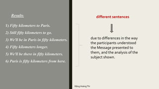 Results:
1) Fifty kilometers to Paris.
2) Still fifty kilometers to go.
3) We'll be in Paris in fifty kilometers.
4) Fifty kilometers longer.
5) We'll be there in fifty kilometers.
6) Paris is fifty kilometers from here.
different sentences
due to differences in the way
the participants understood
the Message presented to
them, and the analysis of the
subject shown.
Đặng HoàngThi
 