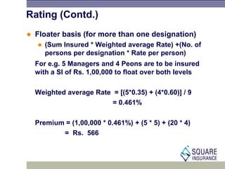 Rating (Contd.)
 Floater basis (for more than one designation)
 (Sum Insured * Weighted average Rate) +(No. of
persons per designation * Rate per person)
For e.g. 5 Managers and 4 Peons are to be insured
with a SI of Rs. 1,00,000 to float over both levels
Weighted average Rate = [(5*0.35) + (4*0.60)] / 9
= 0.461%
Premium = (1,00,000 * 0.461%) + (5 * 5) + (20 * 4)
= Rs. 566
 