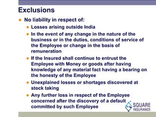 Exclusions
 No liability in respect of:
 Losses arising outside India
 In the event of any change in the nature of the
business or in the duties, conditions of service of
the Employee or change in the basis of
remuneration
 If the Insured shall continue to entrust the
Employee with Money or goods after having
knowledge of any material fact having a bearing on
the honesty of the Employee
 Unexplained losses or shortages discovered at
stock taking
 Any further loss in respect of the Employee
concerned after the discovery of a default
committed by such Employee
 