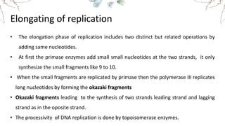 Elongating of replication
• The elongation phase of replication includes two distinct but related operations by
adding same nucleotides.
• At first the primase enzymes add small small nucleotides at the two strands, it only
synthesize the small fragments like 9 to 10.
• When the small fragments are replicated by primase then the polymerase III replicates
long nucleotides by forming the okazaki fragments
• Okazaki fragments leading to the synthesis of two strands leading strand and lagging
strand as in the oposite strand.
• The processivity of DNA replication is done by topoisomerase enzymes.
 