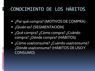 CONOCIMIENTO DE LOS HÁBITOS

 ¿Por qué compra? (MOTIVOS DE COMPRA)
 ¿Quién es? (SEGMENTACIÓN)
 ¿Qué compra? ¿Cómo compra? ¿Cuándo
  compra? ¿Dónde compra? (HÁBITOS)
 ¿Cómo usa/consume? ¿Cuándo usa/consume?
  ¿Dónde usa/consume? (HÁBITOS DE USO Y
  CONSUMO)
 