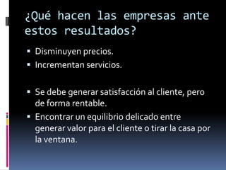¿Qué hacen las empresas ante
estos resultados?
 Disminuyen precios.
 Incrementan servicios.


 Se debe generar satisfacción al cliente, pero
  de forma rentable.
 Encontrar un equilibrio delicado entre
  generar valor para el cliente o tirar la casa por
  la ventana.
 