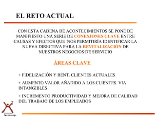 EL RETO ACTUAL

 CON ESTA CADENA DE ACONTECIMIENTOS SE PONE DE
 MANIFIESTO UNA SERIE DE CONEXIONES CLAVE ENTRE
CAUSAS Y EFECTOS QUE NOS PERMITIRÍA IDENTIFICAR LA
   NUEVA DIRECTIVA PARA LA REVITALIZACIÓN DE
          NUESTROS NEGOCIOS DE SERVICIO

                ÁREAS CLAVE

 + FIDELIZACIÓN Y RENT. CLIENTES ACTUALES
 + AUMENTO VALOR AÑADIDO A LOS CLIENTES VIA
 INTANGIBLES
 + INCREMENTO PRODUCTIVIDAD Y MEJORA DE CALIDAD
 DEL TRABAJO DE LOS EMPLEADOS
 