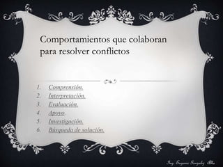 Comportamientos que colaboran 
para resolver conflictos 
1. Comprensión. 
2. Interpretación. 
3. Evaluación. 
4. Apoyo. 
5. Investigación. 
6. Búsqueda de solución. 
Ing. Eugenio Gonzalez Alba 
 