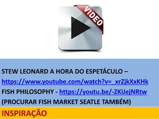 INSPIRAÇÃO
STEW LEONARD A HORA DO ESPETÁCULO –
https://www.youtube.com/watch?v=_xrZjkXxKHk
FISH PHILOSOPHY - https://youtu.be/-ZKiJejNRtw
(PROCURAR FISH MARKET SEATLE TAMBÉM)
 