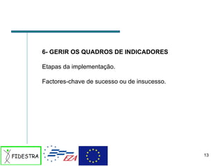 6- GERIR OS QUADROS DE INDICADORES Etapas da implementação. Factores-chave de sucesso ou de insucesso. 