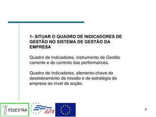 1- SITUAR O QUADRO DE INDICADORES DE GESTÃO NO SISTEMA DE GESTÃO DA EMPRESA Quadro de Indicadores, instrumento de Gestão corrente e do controlo das performances. Quadro de Indicadores, elemento-chave do desdobramento da missão e de estratégia da empresa ao nível da acção. 