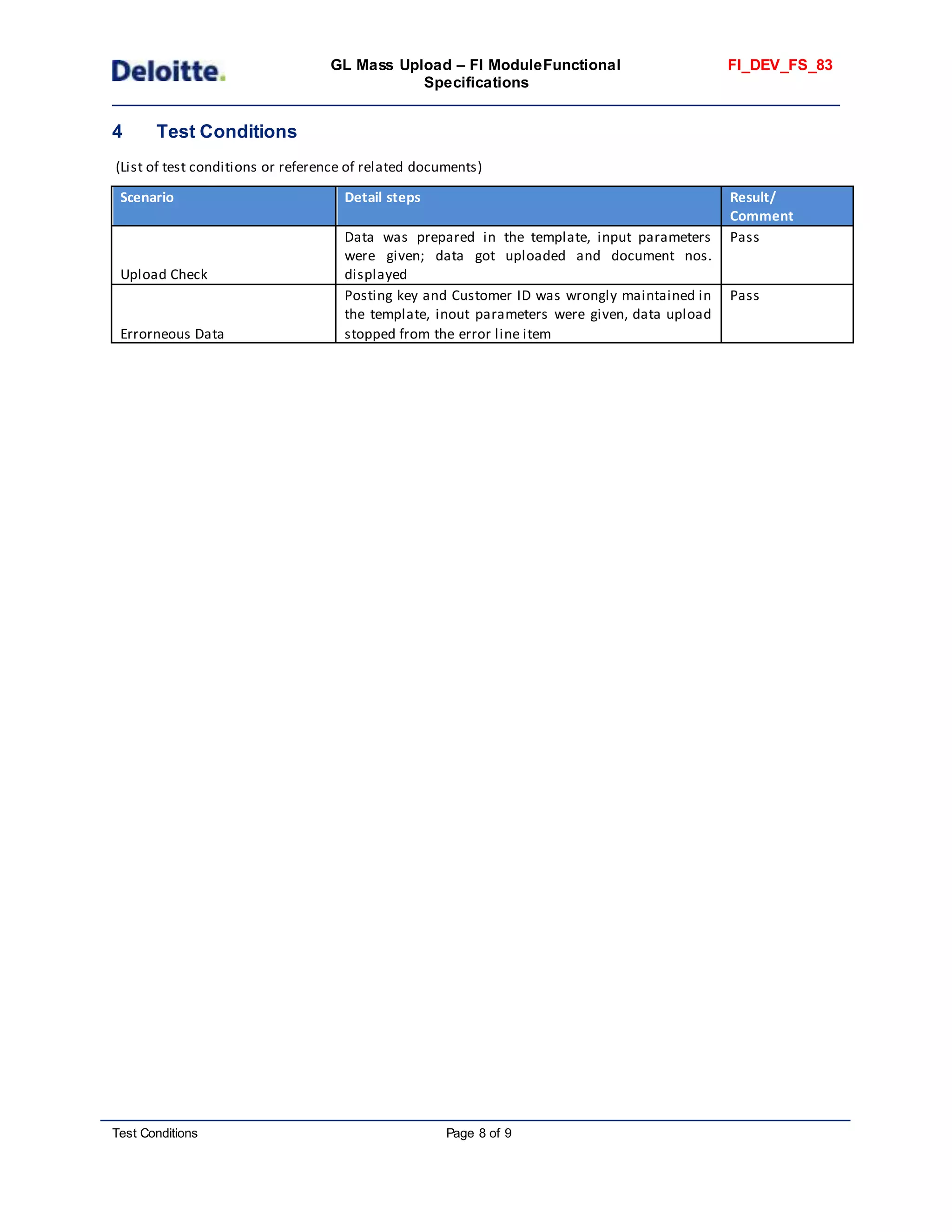 GL Mass Upload – FI ModuleFunctional
Specifications
FI_DEV_FS_83
Test Conditions Page 8 of 9
4 Test Conditions
(List of test conditions or reference of related documents)
Scenario Detail steps Result/
Comment
Upload Check
Data was prepared in the template, input parameters
were given; data got uploaded and document nos.
displayed
Pass
Errorneous Data
Posting key and Customer ID was wrongly maintained in
the template, inout parameters were given, data upload
stopped from the error line item
Pass
 