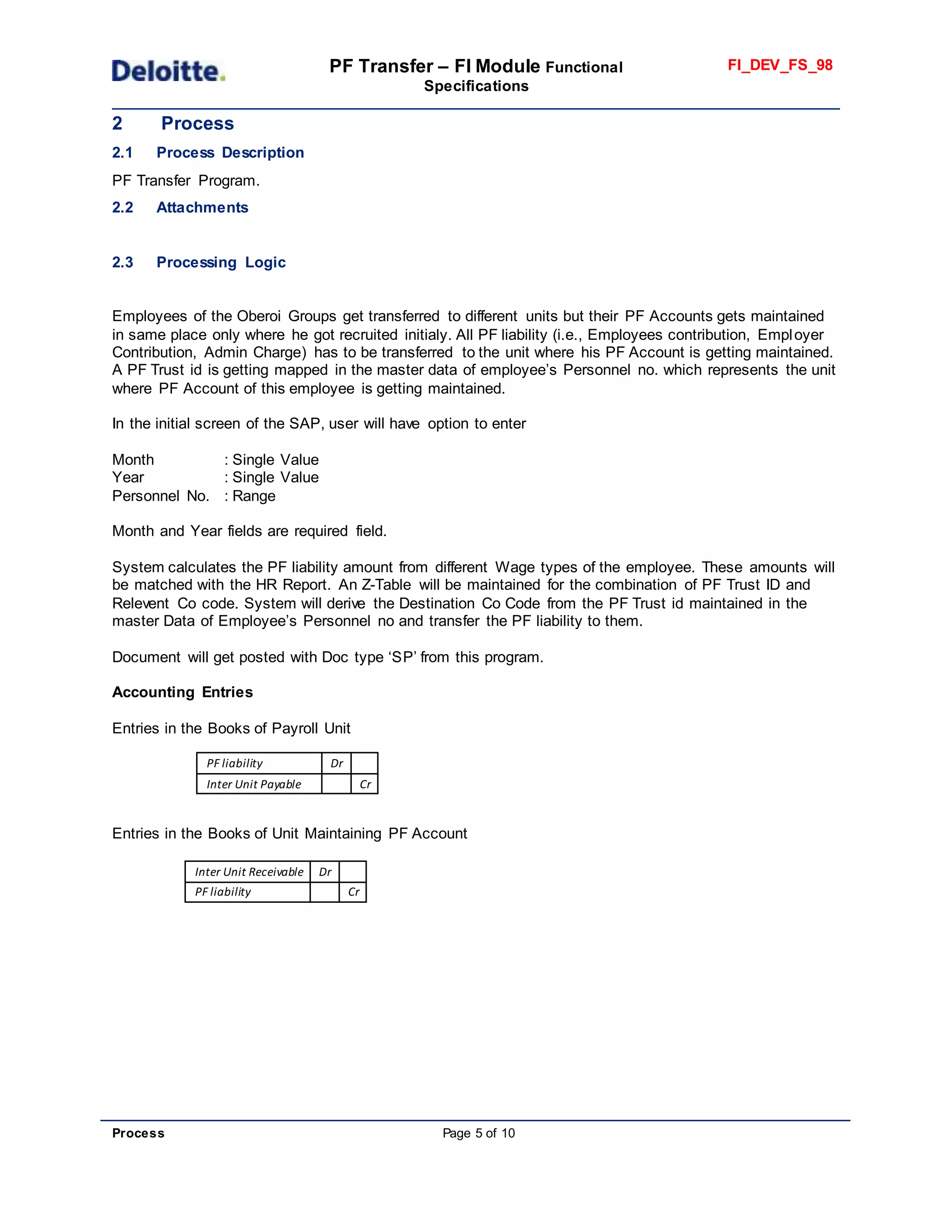 PF Transfer – FI Module Functional
Specifications
FI_DEV_FS_98
Process Page 5 of 10
2 Process
2.1 Process Description
PF Transfer Program.
2.2 Attachments
2.3 Processing Logic
Employees of the Oberoi Groups get transferred to different units but their PF Accounts gets maintained
in same place only where he got recruited initialy. All PF liability (i.e., Employees contribution, Employer
Contribution, Admin Charge) has to be transferred to the unit where his PF Account is getting maintained.
A PF Trust id is getting mapped in the master data of employee’s Personnel no. which represents the unit
where PF Account of this employee is getting maintained.
In the initial screen of the SAP, user will have option to enter
Month : Single Value
Year : Single Value
Personnel No. : Range
Month and Year fields are required field.
System calculates the PF liability amount from different Wage types of the employee. These amounts will
be matched with the HR Report. An Z-Table will be maintained for the combination of PF Trust ID and
Relevent Co code. System will derive the Destination Co Code from the PF Trust id maintained in the
master Data of Employee’s Personnel no and transfer the PF liability to them.
Document will get posted with Doc type ‘SP’ from this program.
Accounting Entries
Entries in the Books of Payroll Unit
PF liability Dr
Inter Unit Payable Cr
Entries in the Books of Unit Maintaining PF Account
Inter Unit Receivable Dr
PF liability Cr
 