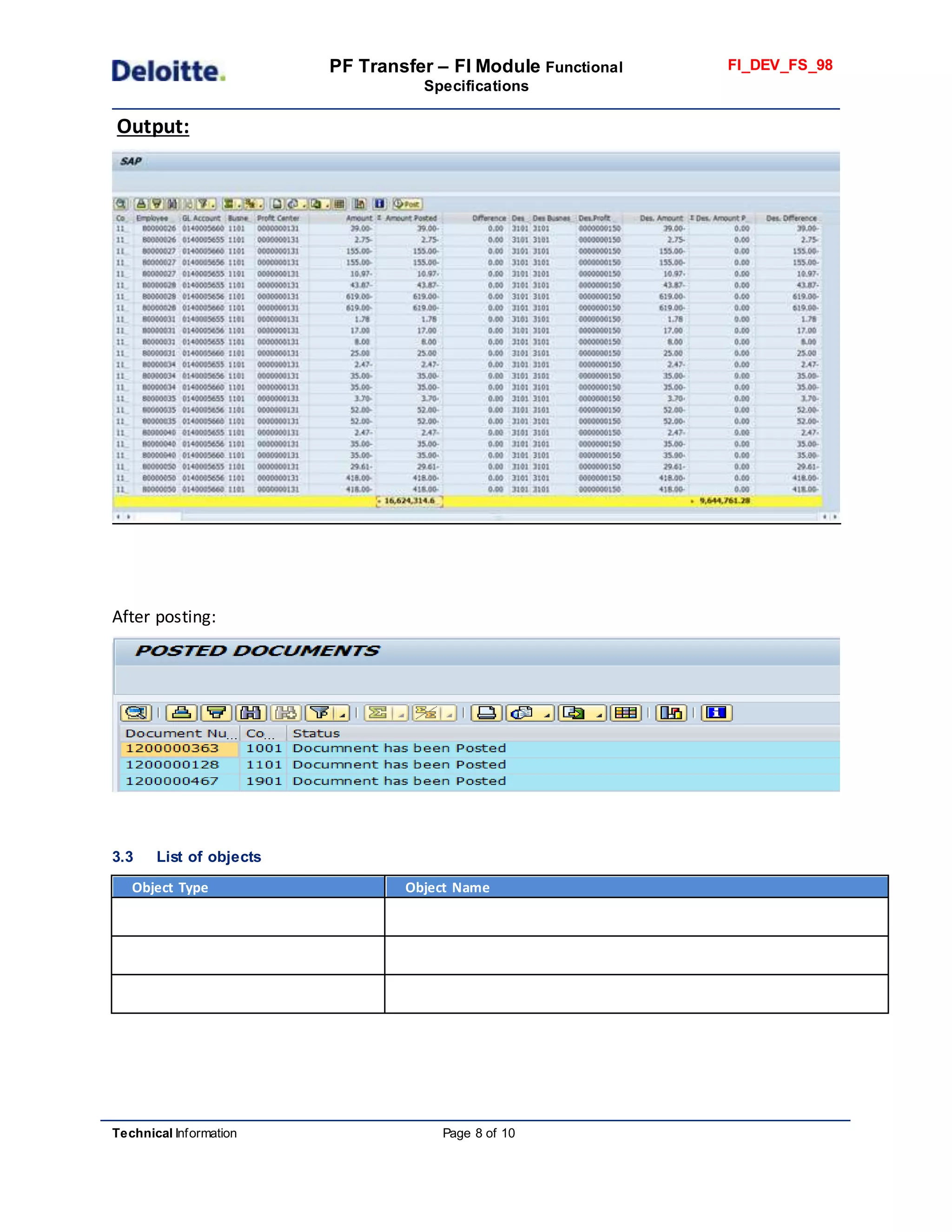 PF Transfer – FI Module Functional
Specifications
FI_DEV_FS_98
Technical Information Page 8 of 10
Output:
After posting:
3.3 List of objects
Object Type Object Name
 