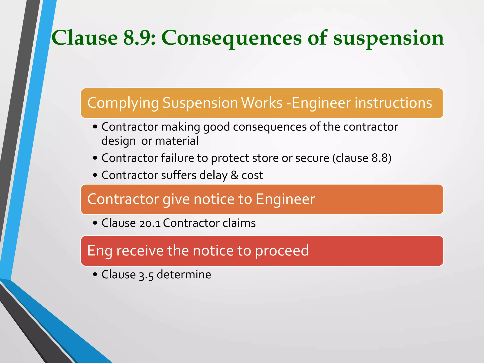 Clause 8.9: Consequences of suspension
Complying SuspensionWorks -Engineer instructions
• Contractor making good consequences of the contractor
design or material
• Contractor failure to protect store or secure (clause 8.8)
• Contractor suffers delay & cost
Contractor give notice to Engineer
• Clause 20.1 Contractor claims
Eng receive the notice to proceed
• Clause 3.5 determine
 