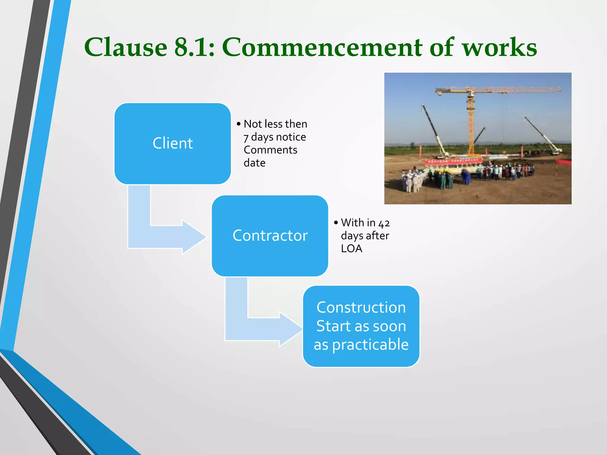 Clause 8.1: Commencement of works
Client
• Not less then
7 days notice
Comments
date
Contractor
• With in 42
days after
LOA
Construction
Start as soon
as practicable
 