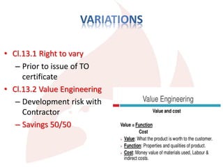 • Cl.13.1 Right to vary
– Prior to issue of TO
certificate
• Cl.13.2 Value Engineering
– Development risk with
Contractor
– Savings 50/50
 