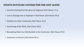 • Incorrect Setting Out Data given by Engineer. (Sub-Clause 17.1).
• Loss or Damage due to Employer's Risk Event. (Sub-Clause 20.3)
• Facilities for other Contractor. (Sub-Clause 31.2)
• Uncovering of the Work. (Sub-Clause 38.2)
• Remedying Defect not Attributable to the Contractor. (Sub-Clause 49.3)
• Contractor to Search. (Sub-Clause 50.1)
EVENTS ENTITLING CONTRACTOR FOR COST ALONE.
 