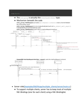 …
loop.Run();
}
● The echo_proxy is actually the InterfacePtr<Echo> type.
● Mechanism beneath the code
echo_proxy.NewRequest()invokes zx::channel::create() create a channel between
the clientand the server
echo_proxy.NewRequest() also invokes Bind() which will call zx_object_wait_async()
to designate the port and channel to be used.
echo_proxy.NewRequest()will return a InterfaceRequest<Interface>
Connect(fidl::InterfaceRequest<Interface> request) sends the InterfaceRequest via kernel.
 Server side(/examples/fidl/hlcpp/multiple_clients/server/main.cc)
● To support multiple clients, server has to keep track of multiple
fidl::Bindings (one for each client) using a fidl::BindingSet.
 