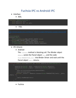 Fuchsia IPC vs Android IPC
 Interface
 AIDL
interface IMyAidlInterface {
void test1(int p1);
void test2(int p1, int p2);
}
 FIDL
/*
https://fuchsia.googlesource.com/fuchsia/+/master/examples/fidl/fuchsia.examples/echo.test.fidl
*/
[Discoverable]
protocol Echo {
EchoString(string:MAX_STRING_LENGTH value)
-> (string:MAX_STRING_LENGTH response);
SendString(string:MAX_STRING_LENGTH value);
-> OnString(string:MAX_STRING_LENGTH response);
};
 IPC (Client)
 Android
The transact method is blocking call. The IBinder object
mRemote sends the Parcel object data and the code
Stub.TRANSACTION_test1 into Binder Driver and wait until the
Parcel object reply returns.
@Override public void test1(int p1) throws android.os.RemoteException
{
android.os.Parcel _data = android.os.Parcel.obtain();
android.os.Parcel _reply = android.os.Parcel.obtain();
try {
_data.writeInterfaceToken(DESCRIPTOR);
_data.writeInt(p1);
boolean _status = mRemote.transact(Stub.TRANSACTION_test1, _data,
_reply, 0);
…
_reply.readException();
}…
}
 Fuchsia
 
