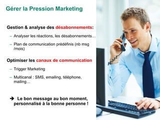 Gérer la Pression Marketing Gestion & analyse des  désabonnements : Analyser les réactions, les désabonnements… Plan de communication prédéfinis (nb msg /mois) Optimiser les  canaux de communication Trigger Marketing Multicanal : SMS, emailing, téléphone, mailing…    Le bon message au bon moment, personnalisé à la bonne personne ! 