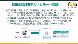 従来の認証モデル（リモート認証）
• 認証⼿段に関わらず、利⽤者は、IDとクレデンシャル情報(パス
ワードや⽣体情報など)を通信路を介して認証サーバーに対して送
付し、⼀⽅、認証サーバーは受け取ったIDを識別し、クレデンシャ
ル情報が先のIDに紐付いた適切な情報であるか否かを検証する。
• この場合、利⽤者のクレデンシャル情報は、あらかじめ認証サー
バーが保管し、識別と検証の処理は認証サーバーで⾏う。
FIDO Alliance | All Rights Reserved | Copyright 2017 4
パスワード：12345
クレデンシャル情報の⼊⼒ クレデンシャル
情報
認証サーバー利⽤者
ID パスワード
利⽤者A 12345
利⽤者B abcde
利⽤者C password
利⽤者A
 