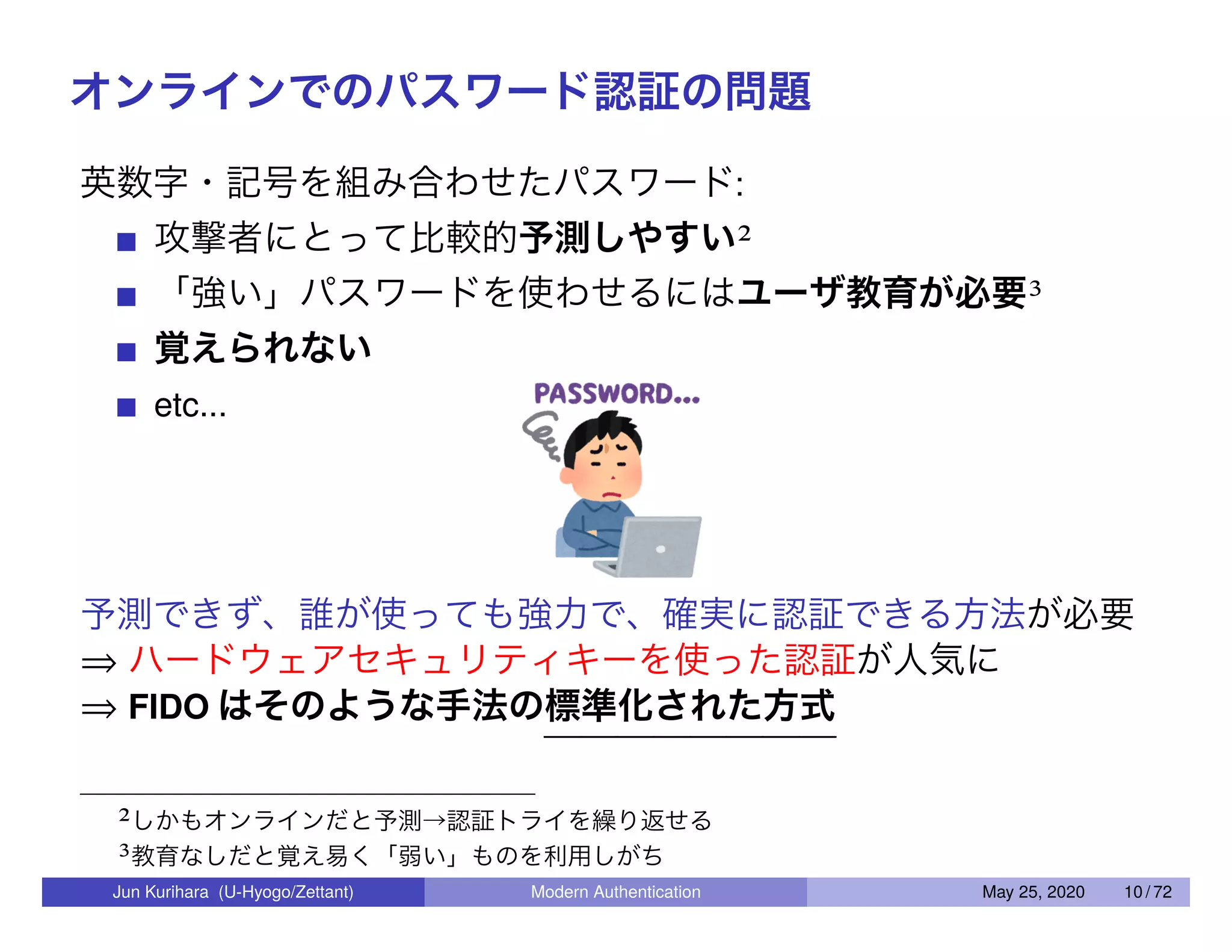 オンラインでのパスワード認証の問題 英数字・記号を組み合わせたパスワード: 攻撃者にとって比較的予測しやすい2 「強い」パスワードを使わせるにはユーザ教育が必要3 覚えられない etc... 予測できず、誰が使っても強力で、確実に認証できる方法が必要 ⇒ ハードウェアセキュリティキーを使った認証が人気に ⇒ FIDO はそのような手法の標準化された方式 2しかもオンラインだと予測→認証トライを繰り返せる 3教育なしだと覚え易く「弱い」ものを利用しがち Jun Kurihara (U-Hyogo/Zettant) Modern Authentication May 25, 2020 10 / 72 
