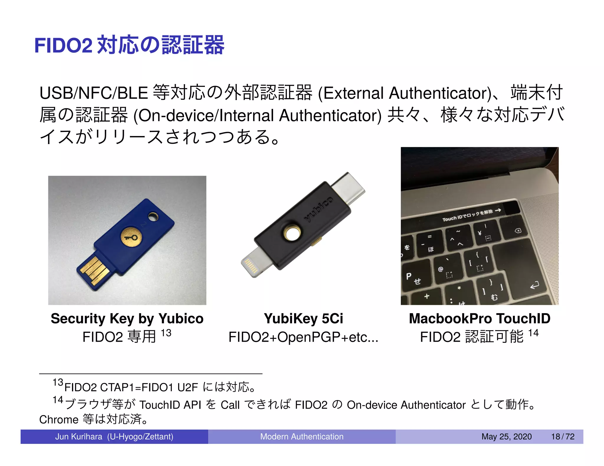 FIDO2 対応の認証器 USB/NFC/BLE 等対応の外部認証器 (External Authenticator)、端末付 属の認証器 (On-device/Internal Authenticator) 共々、様々な対応デバ イスがリリースされつつある。 Security Key by Yubico FIDO2 専用 13 YubiKey 5Ci FIDO2+OpenPGP+etc... MacbookPro TouchID FIDO2 認証可能 14 13 FIDO2 CTAP1=FIDO1 U2F には対応。 14 ブラウザ等が TouchID API を Call できれば FIDO2 の On-device Authenticator として動作。 Chrome 等は対応済。 Jun Kurihara (U-Hyogo/Zettant) Modern Authentication May 25, 2020 18 / 72 