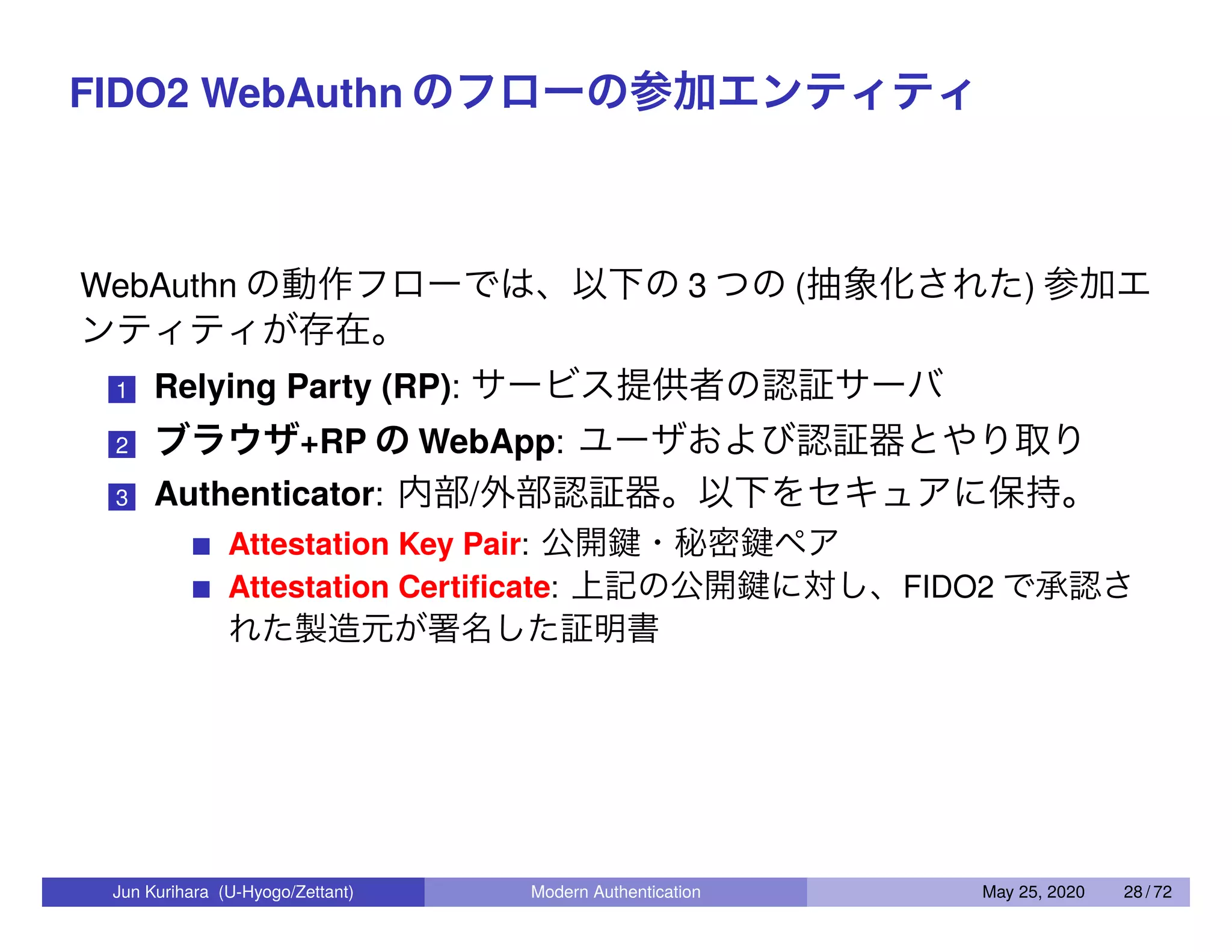 FIDO2 WebAuthn のフローの参加エンティティ WebAuthn の動作フローでは、以下の 3 つの (抽象化された) 参加エ ンティティが存在。 1 Relying Party (RP): サービス提供者の認証サーバ 2 ブラウザ+RP の WebApp: ユーザおよび認証器とやり取り 3 Authenticator: 内部/外部認証器。以下をセキュアに保持。 Attestation Key Pair: 公開鍵・秘密鍵ペア Attestation Certiﬁcate: 上記の公開鍵に対し、FIDO2 で承認さ れた製造元が署名した証明書 Jun Kurihara (U-Hyogo/Zettant) Modern Authentication May 25, 2020 28 / 72 