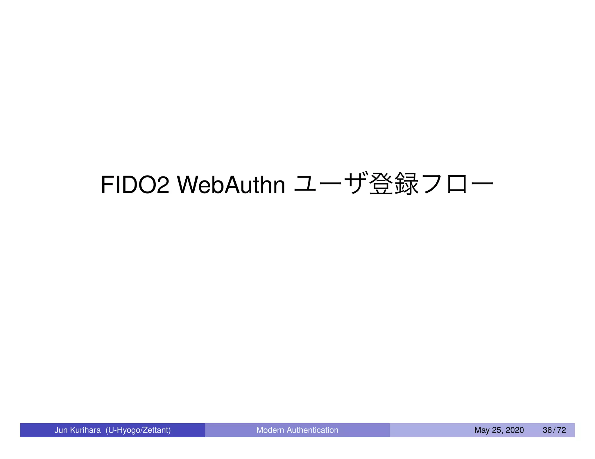 FIDO2 WebAuthn ユーザ登録フロー Jun Kurihara (U-Hyogo/Zettant) Modern Authentication May 25, 2020 36 / 72 